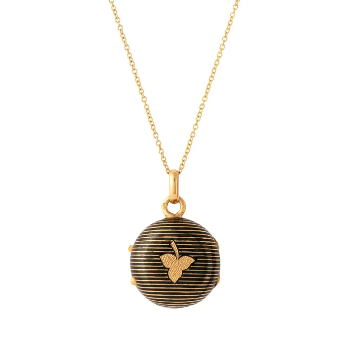 French 18k Gold and Black Enamel Striped Locket Antique Necklaces