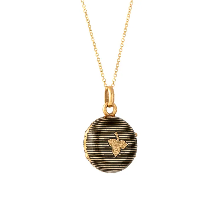French 18k Gold and Black Enamel Striped Locket Antique Necklaces