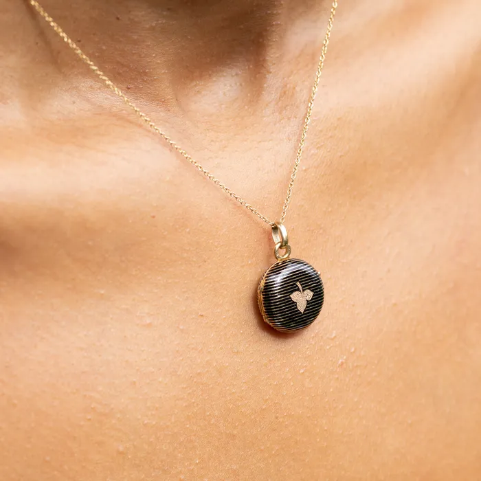 French 18k Gold and Black Enamel Striped Locket Antique Necklaces