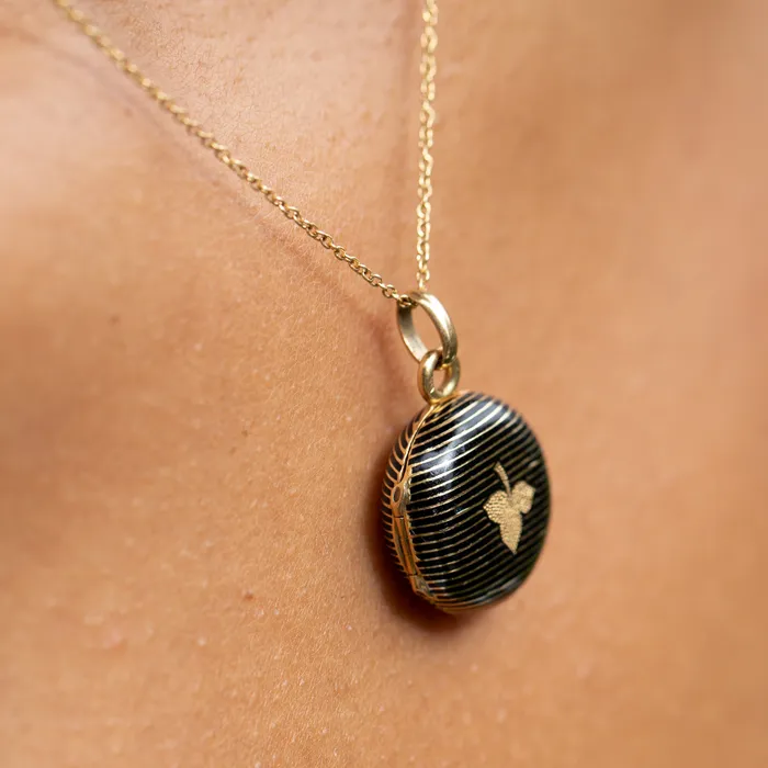 French 18k Gold and Black Enamel Striped Locket Antique Necklaces