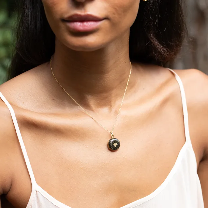 French 18k Gold and Black Enamel Striped Locket Antique Necklaces