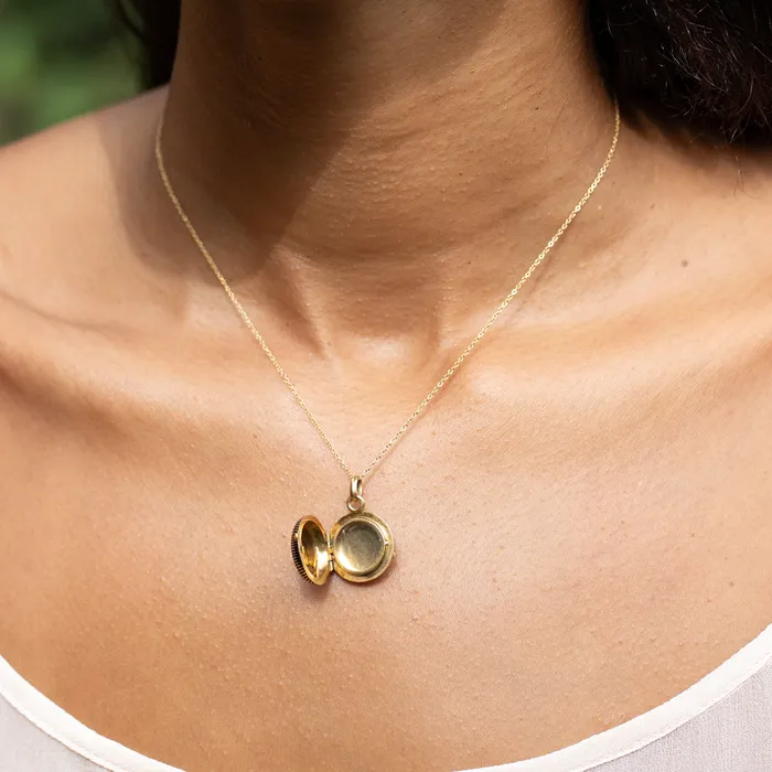 French 18k Gold and Black Enamel Striped Locket Antique Necklaces