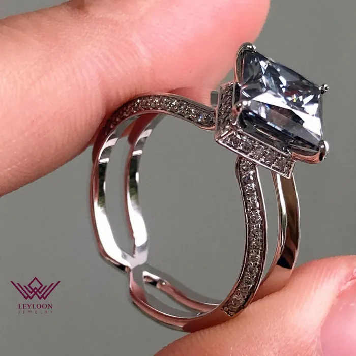 Kite Cut Halo Beadset Moissanite Ring Gray Color Leyloon Jewelry Rings