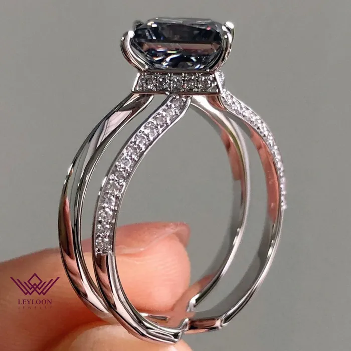 Kite Cut Halo Beadset Moissanite Ring Gray Color Leyloon Jewelry Rings