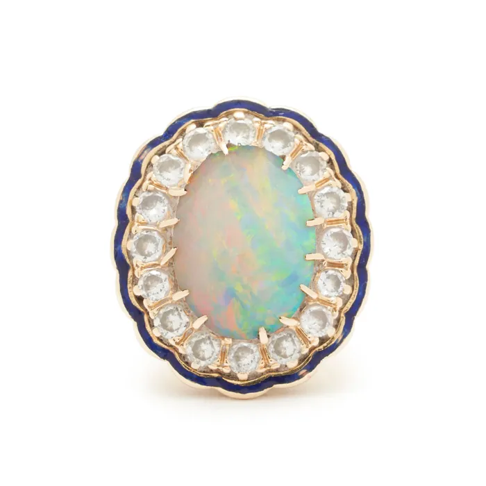 Large Opal Diamond Cluster And Enamel 14k Gold Ring Vintage Rings