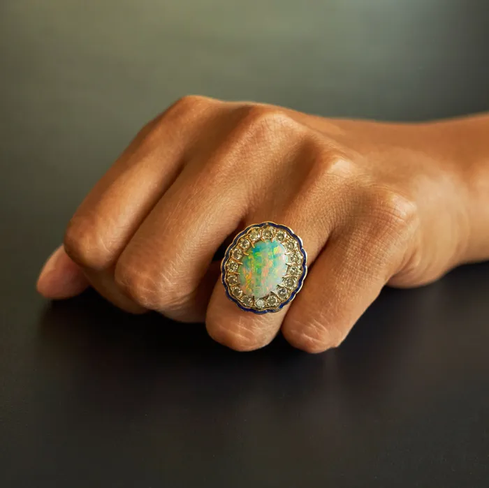 Large Opal Diamond Cluster And Enamel 14k Gold Ring Vintage Rings