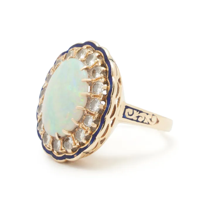 Large Opal Diamond Cluster And Enamel 14k Gold Ring Vintage Rings