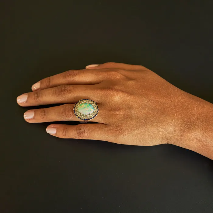 Large Opal Diamond Cluster And Enamel 14k Gold Ring Vintage Rings