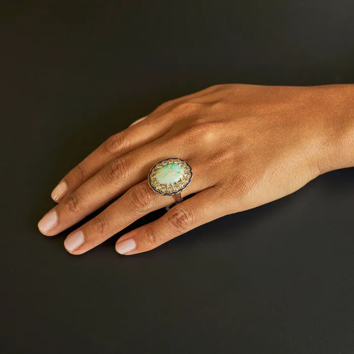 Large Opal Diamond Cluster And Enamel 14k Gold Ring Vintage Rings