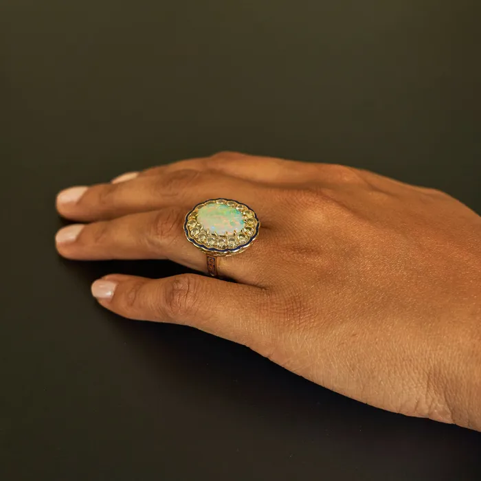 Large Opal Diamond Cluster And Enamel 14k Gold Ring Vintage Rings