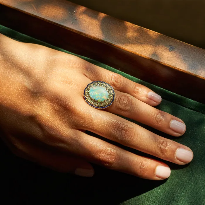 Large Opal Diamond Cluster And Enamel 14k Gold Ring Vintage Rings