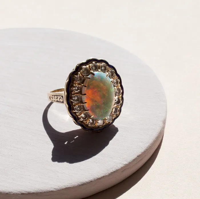 Large Opal Diamond Cluster And Enamel 14k Gold Ring Vintage Rings