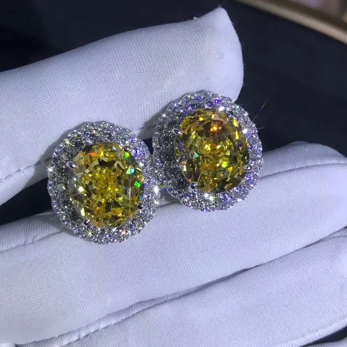 Leyloon Jewelry Earrings 15 Carat TW Yellow Oval Cut Halo VVS Moissanite Stud Earrings