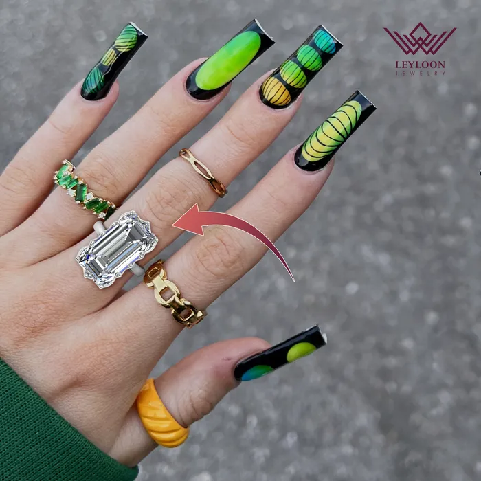 Leyloon Jewelry Rings 8 Carat Elongated Emerald Cut Tulip Set 12 Prong Solitaire Euro Shank D Color Moissanite Ring Leyloon Jewelry Rings 8 Carat Elongated Emerald Cut Tulip Set 12 Prong Solitaire Euro Shank D Color Moissanite Ring