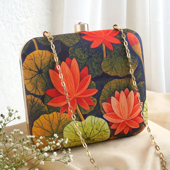 Love and Lotus Navy Blue and Red Printed Clutch Teejh Rings