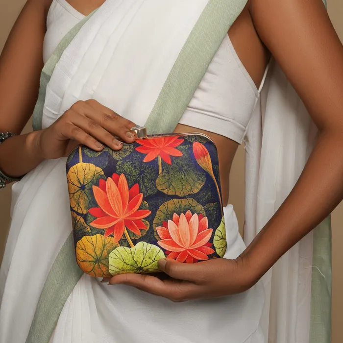 Love and Lotus Navy Blue and Red Printed Clutch Teejh Rings Love and Lotus Navy Blue and Red Printed Clutch Teejh Rings