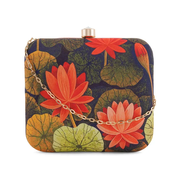Love and Lotus Navy Blue and Red Printed Clutch Teejh Rings Love and Lotus Navy Blue and Red Printed Clutch Teejh Rings