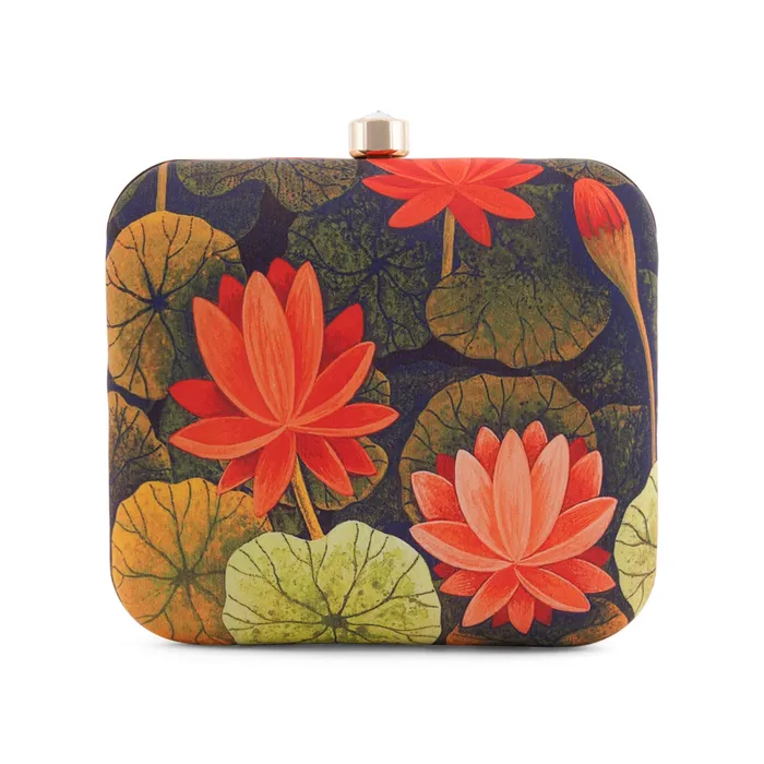 Love and Lotus Navy Blue and Red Printed Clutch Teejh Rings Love and Lotus Navy Blue and Red Printed Clutch Teejh Rings