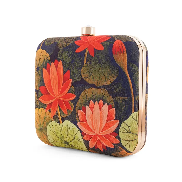 Love and Lotus Navy Blue and Red Printed Clutch Teejh Rings Love and Lotus Navy Blue and Red Printed Clutch Teejh Rings