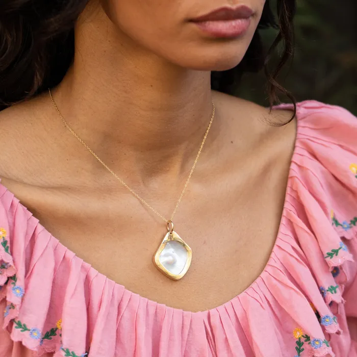 Modernist Pearl Shell and 14K Gold Pendant Vintage Necklaces