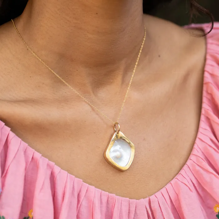 Modernist Pearl Shell and 14K Gold Pendant Vintage Necklaces