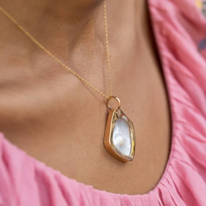 Modernist Pearl Shell and 14K Gold Pendant Vintage Necklaces