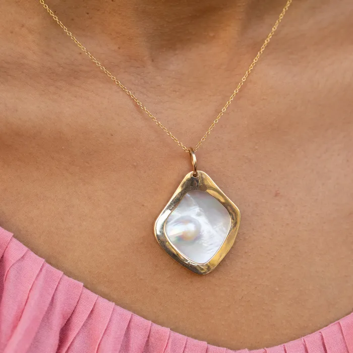 Modernist Pearl Shell and 14K Gold Pendant Vintage Necklaces