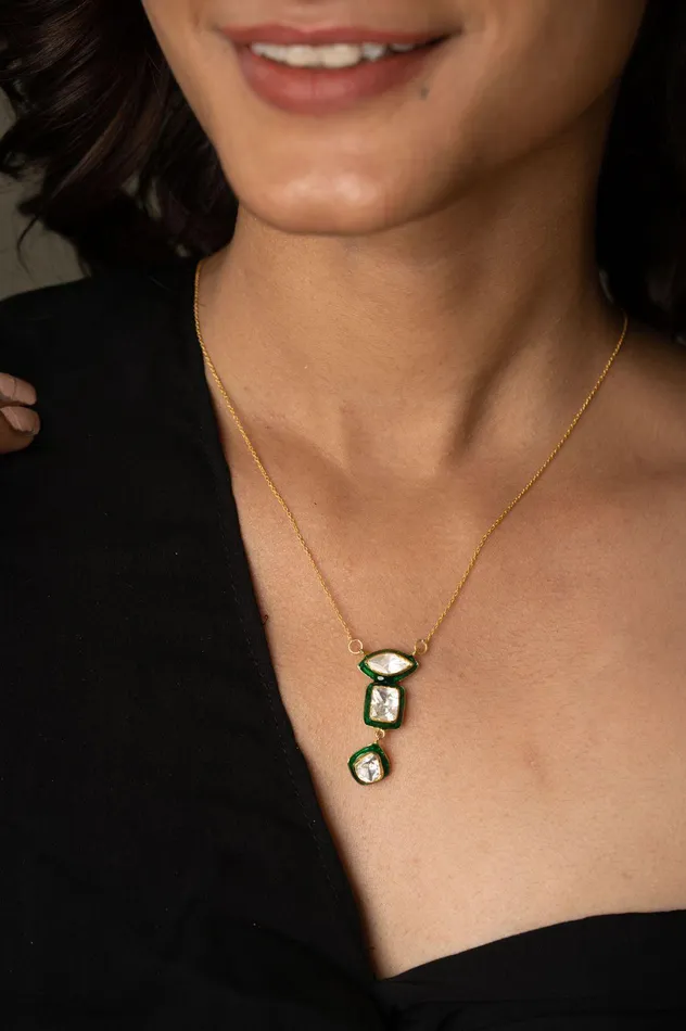 Moissanites Uncut Diamond Pendant Chain with Enamel Semi Precious Attrangi Necklaces