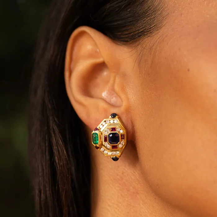MultiStone Diamond and 18K Gold Earrings Vintage Earrings