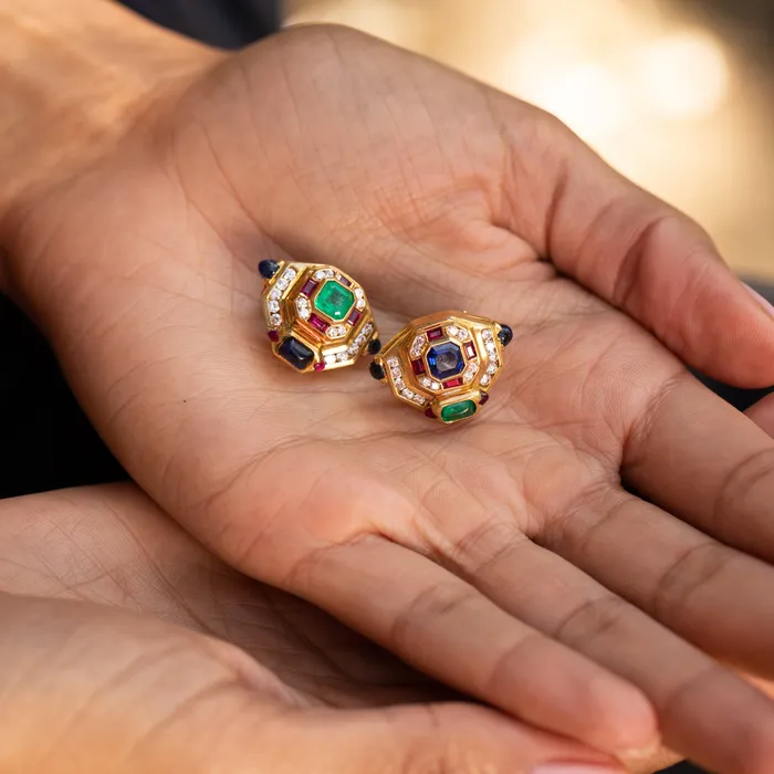 MultiStone Diamond and 18K Gold Earrings Vintage Earrings