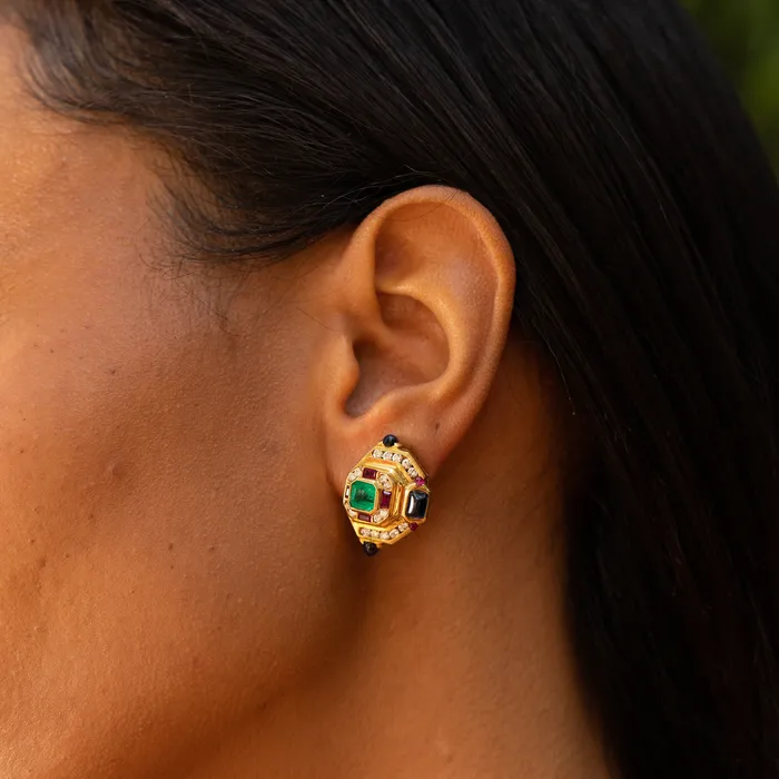 MultiStone Diamond and 18K Gold Earrings Vintage Earrings