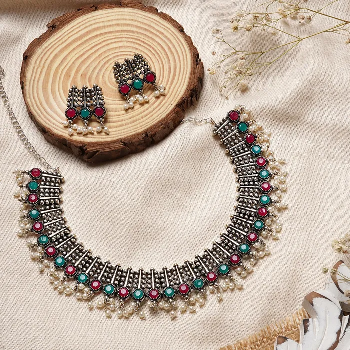 Necklaces Teejh Symmetric Multi colored Silver Necklace Set