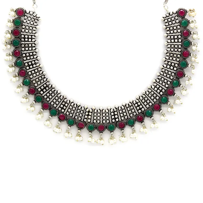 Necklaces Teejh Symmetric Multi colored Silver Necklace Set