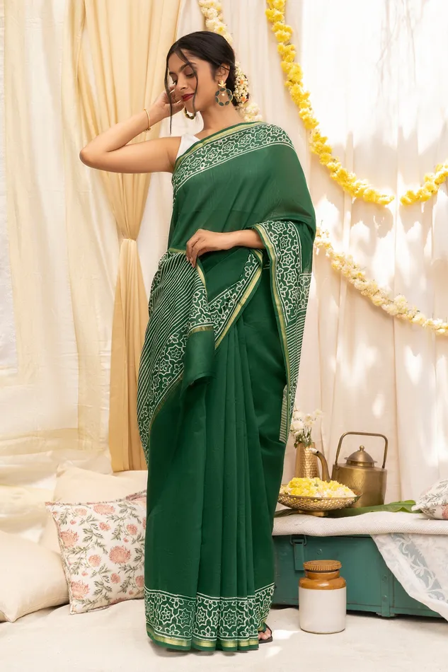Necklaces Teejh Teejh Chayaa Bottle Green Block Print Chanderi Silk Saree