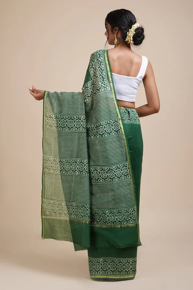 Necklaces Teejh Teejh Chayaa Bottle Green Block Print Chanderi Silk Saree