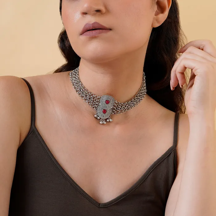 Necklaces Teejh Teejh Vinata Silver Mehroon Necklace
