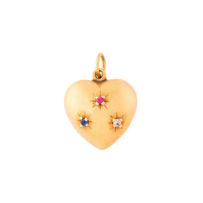 Necklaces Vintage Puffy Heart 10K Gold and Glass Stone Charm