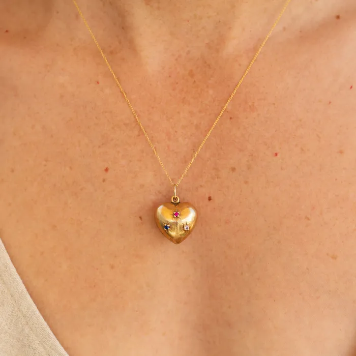Necklaces Vintage Puffy Heart 10K Gold and Glass Stone Charm
