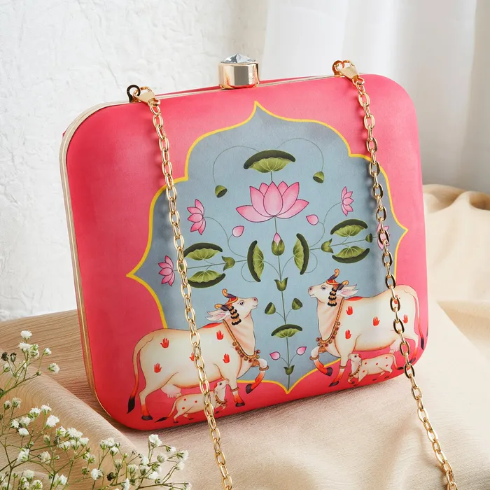 Pichwai PopUp Pink Stone and Printed Clutch Teejh Rings