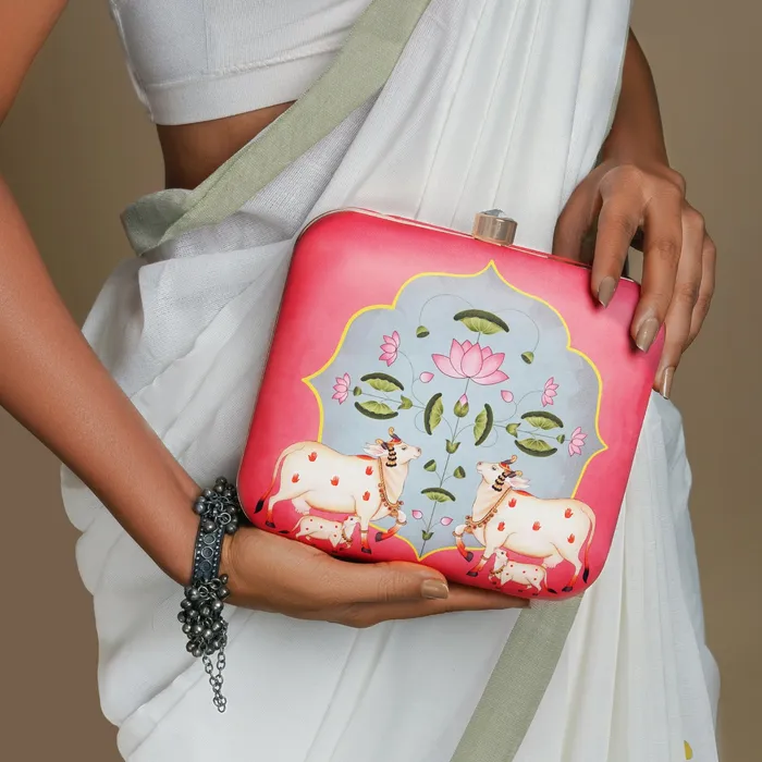 Pichwai PopUp Pink Stone and Printed Clutch Teejh Rings Pichwai PopUp Pink Stone and Printed Clutch Teejh Rings