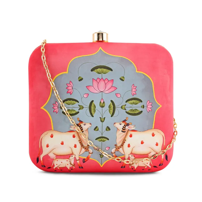 Pichwai PopUp Pink Stone and Printed Clutch Teejh Rings Pichwai PopUp Pink Stone and Printed Clutch Teejh Rings