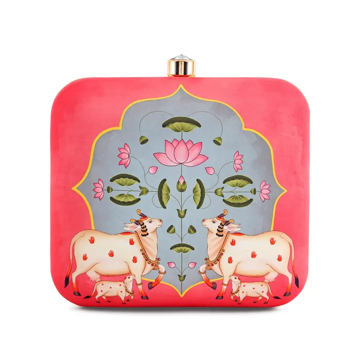 Pichwai PopUp Pink Stone and Printed Clutch Teejh Rings Pichwai PopUp Pink Stone and Printed Clutch Teejh Rings
