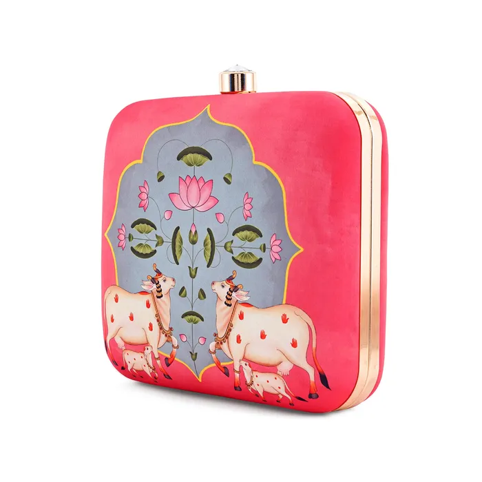 Pichwai PopUp Pink Stone and Printed Clutch Teejh Rings Pichwai PopUp Pink Stone and Printed Clutch Teejh Rings