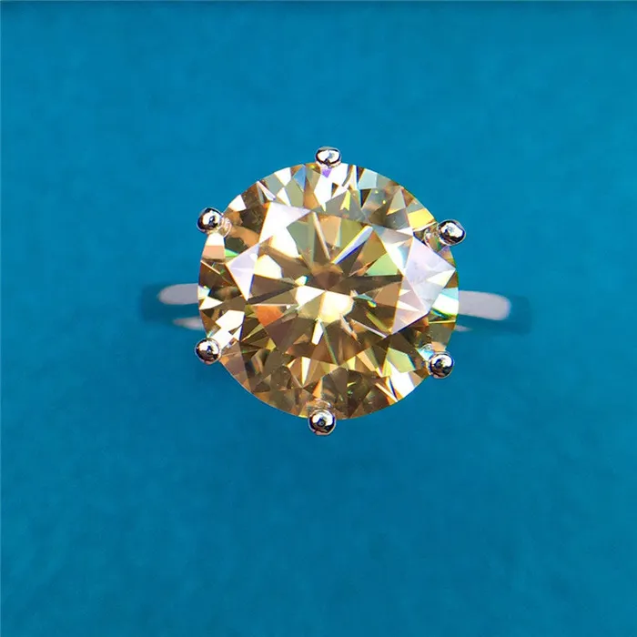 Rings 5 Carat Round Cut Moissanite Ring 6 Prong Solitaire Certified VVS Yellow Leyloon Jewelry