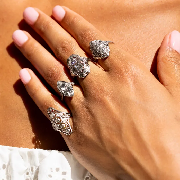 Rings Antique Edwardian Old Mine Cut Diamond And 14k Gold Navette Ring