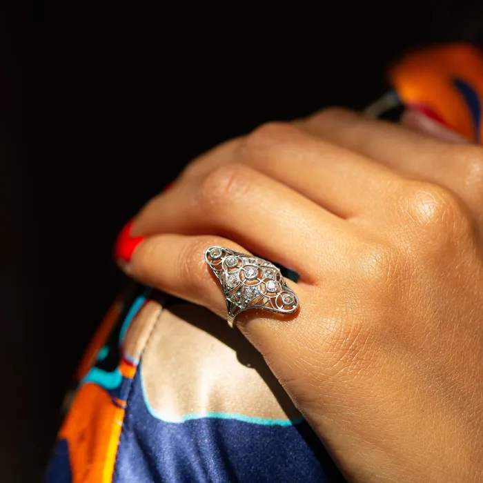 Rings Antique Edwardian Old Mine Cut Diamond And 14k Gold Navette Ring