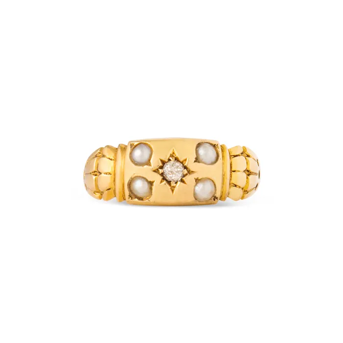 Rings Antique English Edwardian Old Mine Cut Diamond Pearl and 18k Gold Ring Rings Antique English Edwardian Old Mine Cut Diamond Pearl and 18k Gold Ring