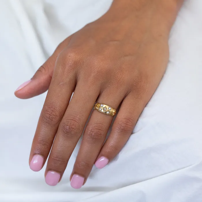 Rings Antique English Edwardian Old Mine Cut Diamond Pearl and 18k Gold Ring