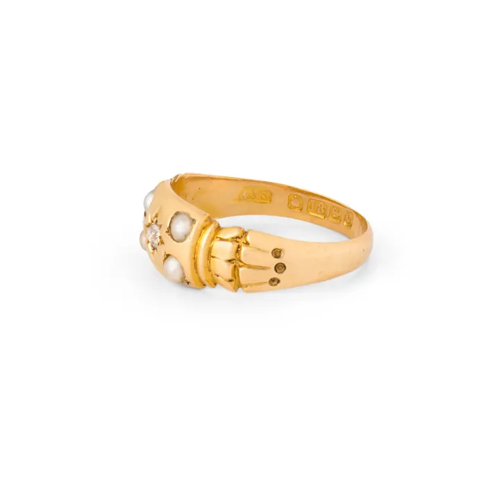 Rings Antique English Edwardian Old Mine Cut Diamond Pearl and 18k Gold Ring