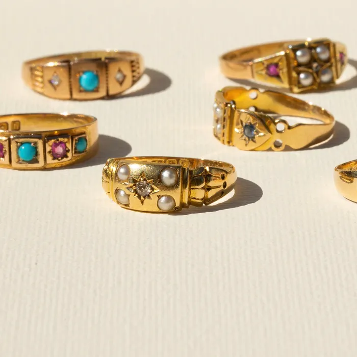 Rings Antique English Edwardian Old Mine Cut Diamond Pearl and 18k Gold Ring